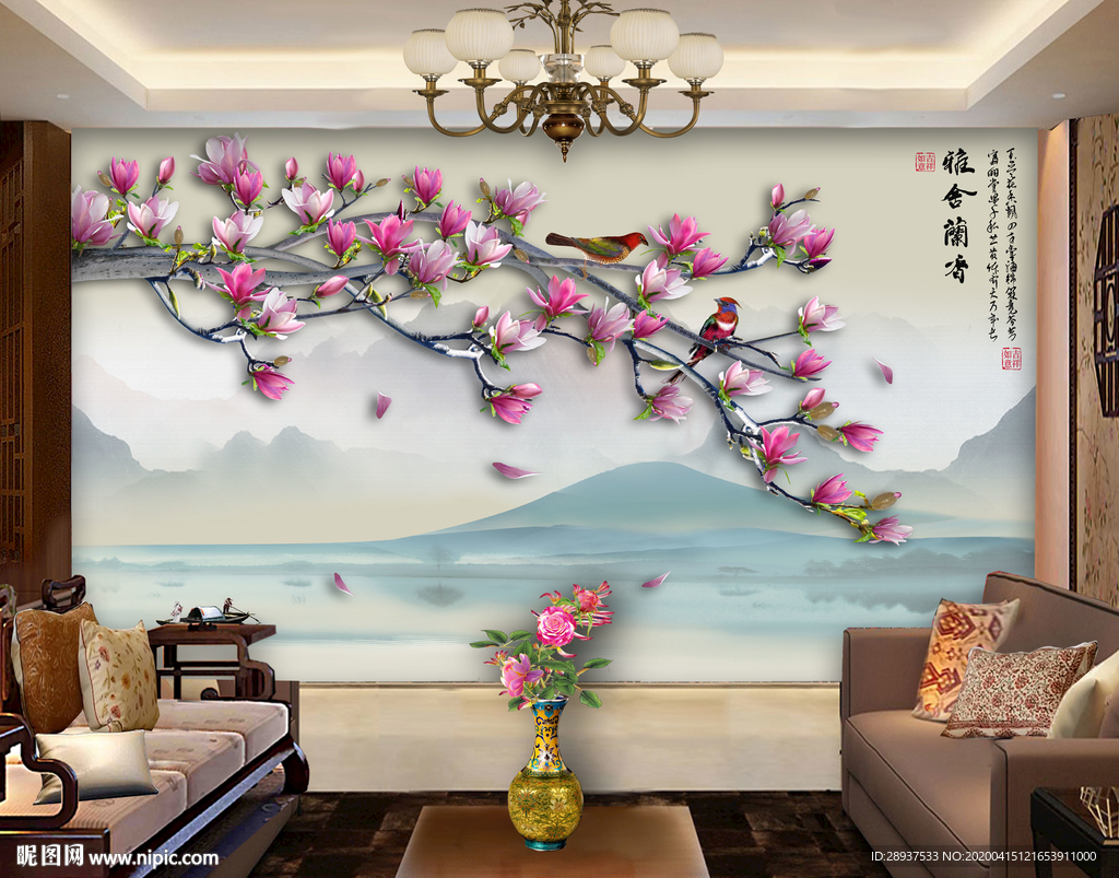 原创高清玉兰花鸟装饰画背景墙