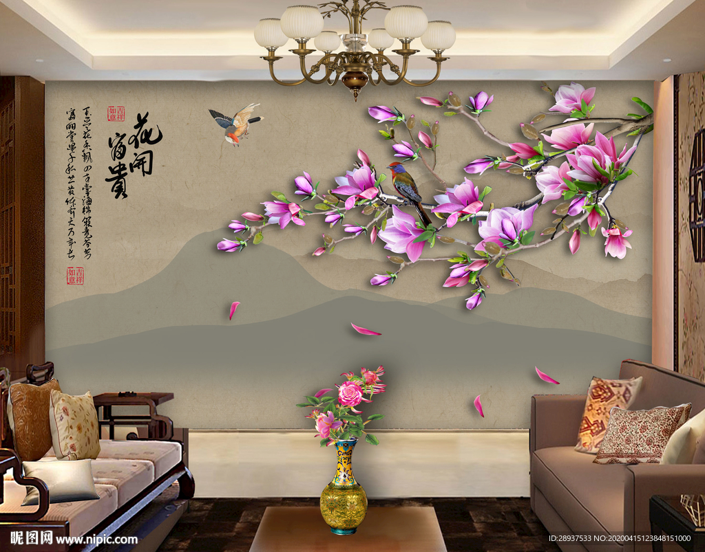 原创高清玉兰花鸟装饰画背景墙