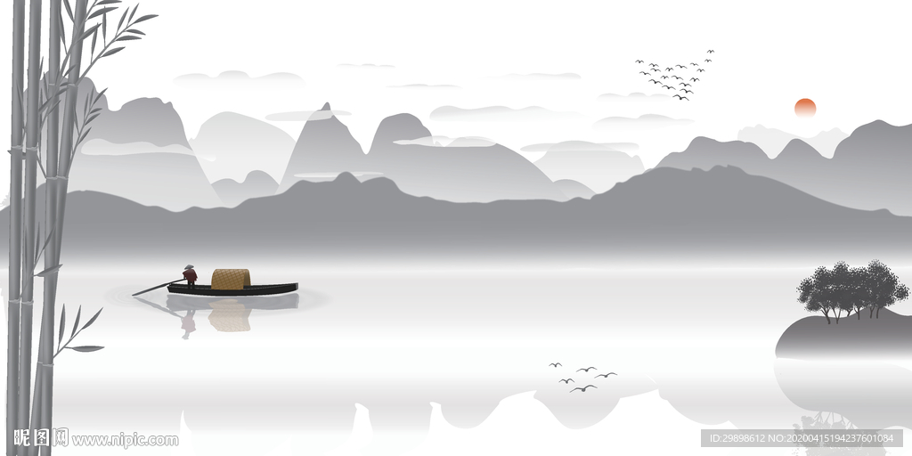 宽幅新中式水墨桂林山水竹装饰