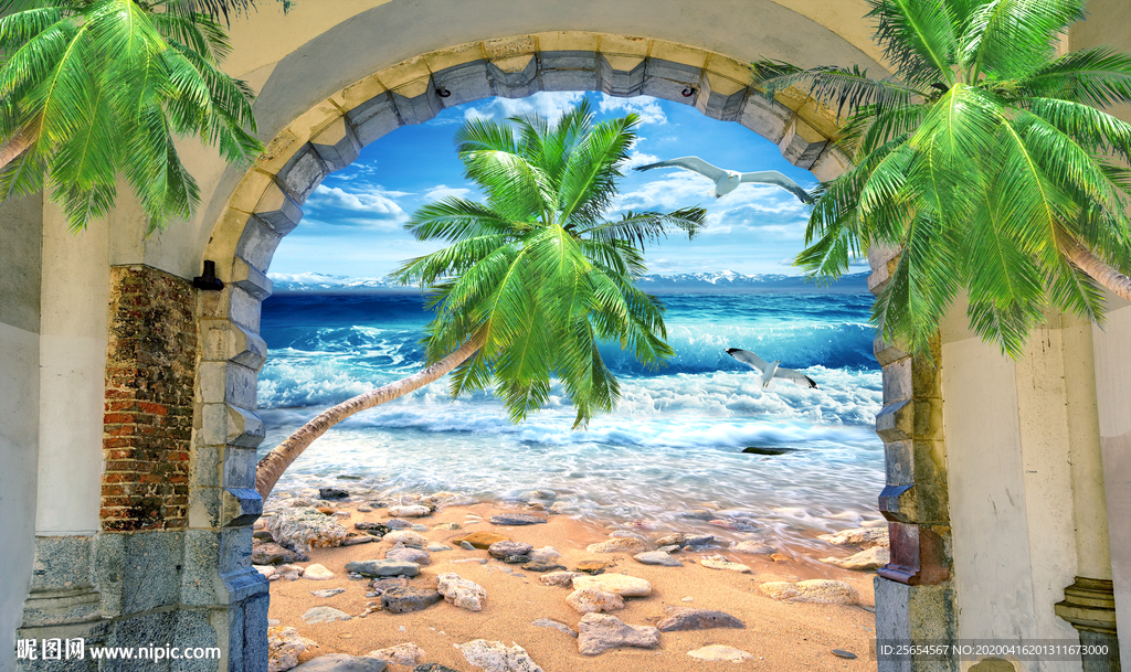 蓝天沙滩椰树背景墙