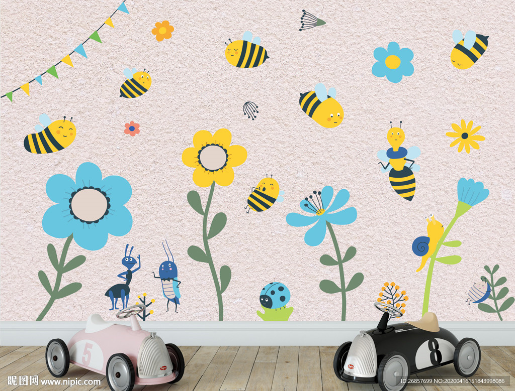 卡通花丛昆虫儿童背景墙