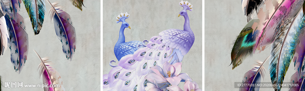 孔雀羽毛装饰画三联无框画