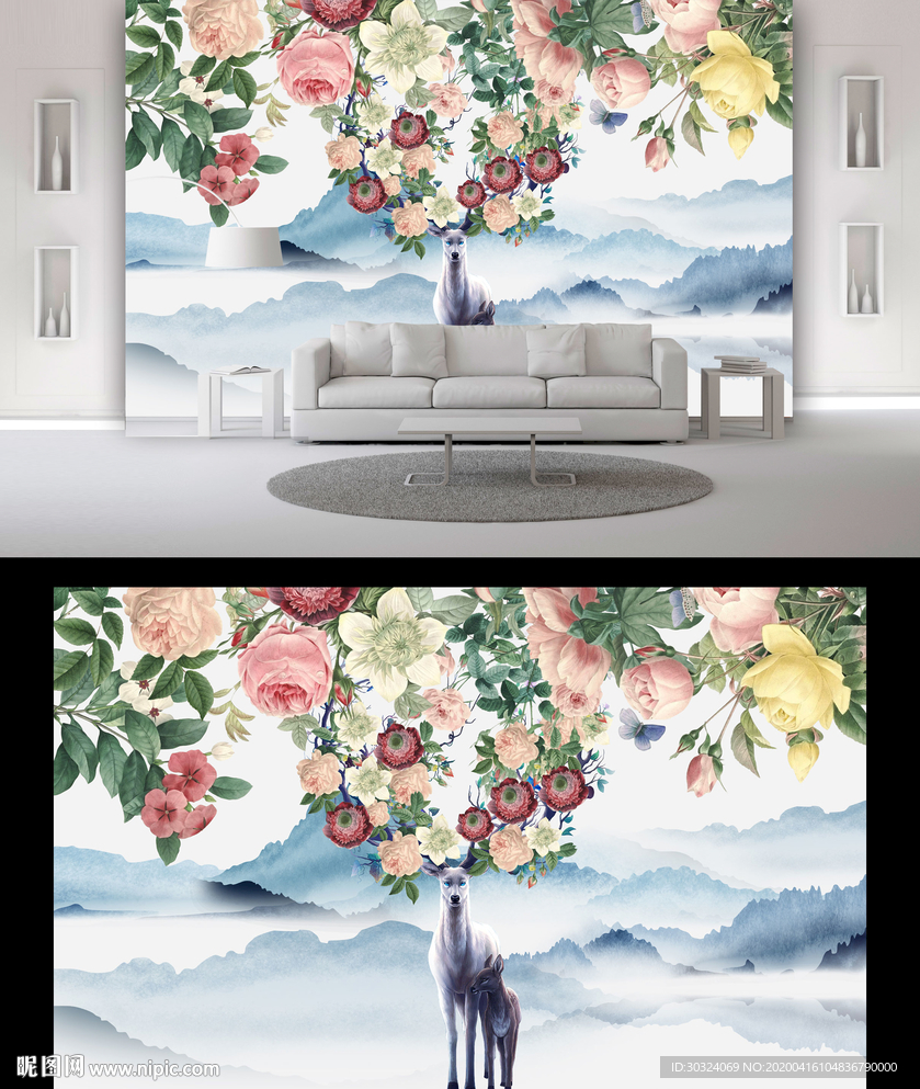 中式麋鹿电视背景墙