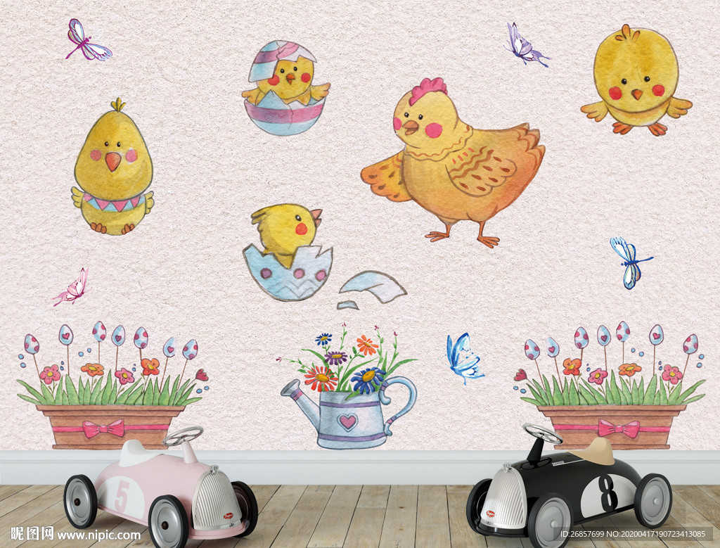 手绘小鸡儿童背景墙