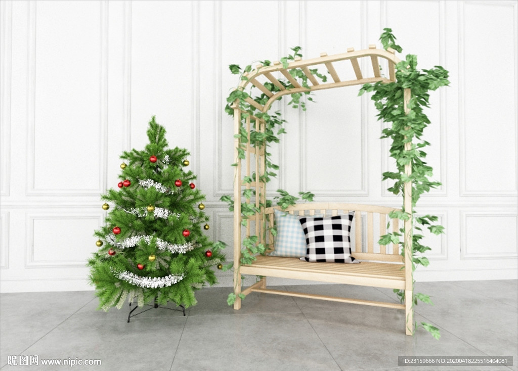圣诞树与庭院藤缦椅