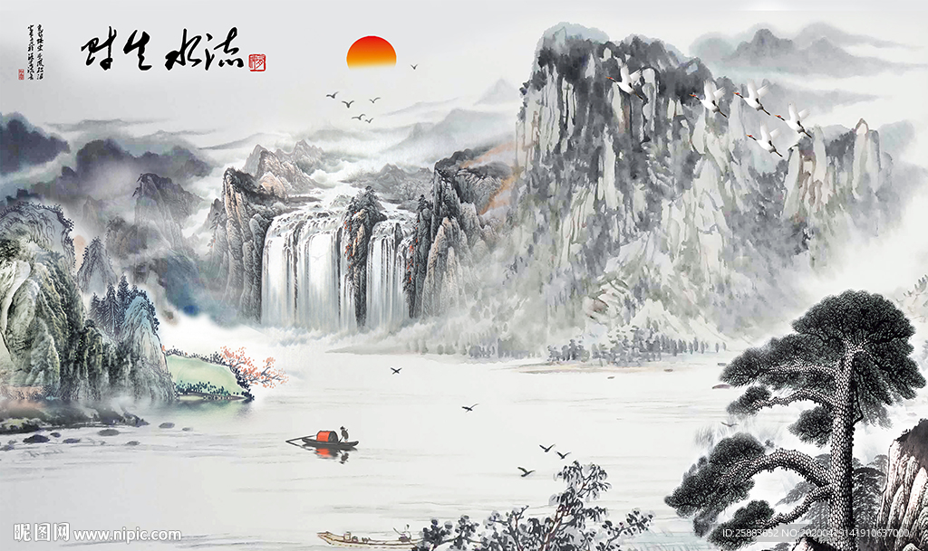 高山流水中式电视背景墙