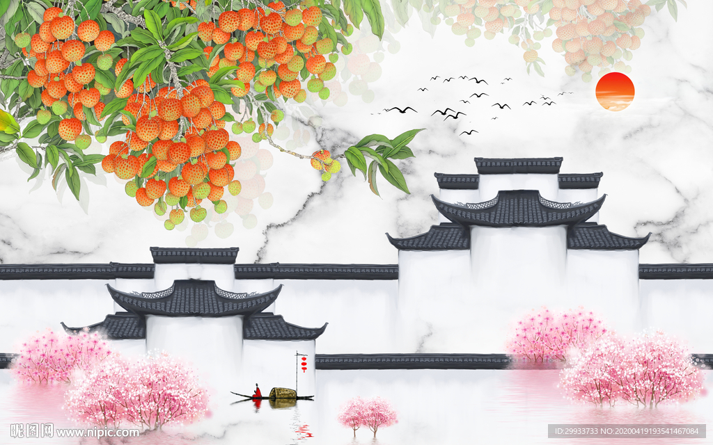 中式手绘荔枝山水背景墙