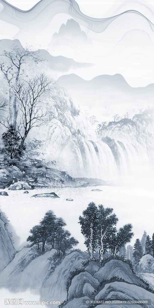 蓝色山水玄关画 TIF分层