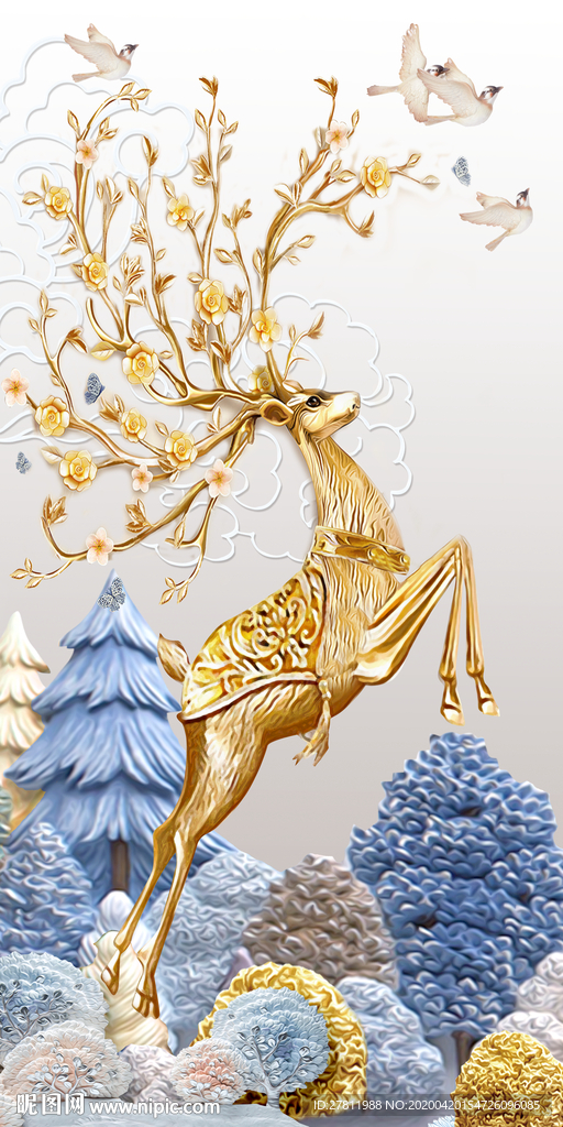 新中式金箔麋鹿装饰画