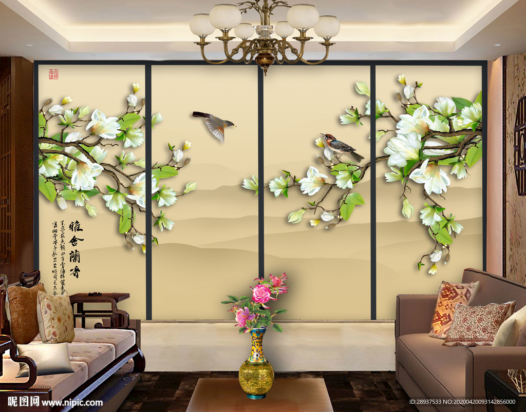 原创玉兰花鸟装饰画背景墙