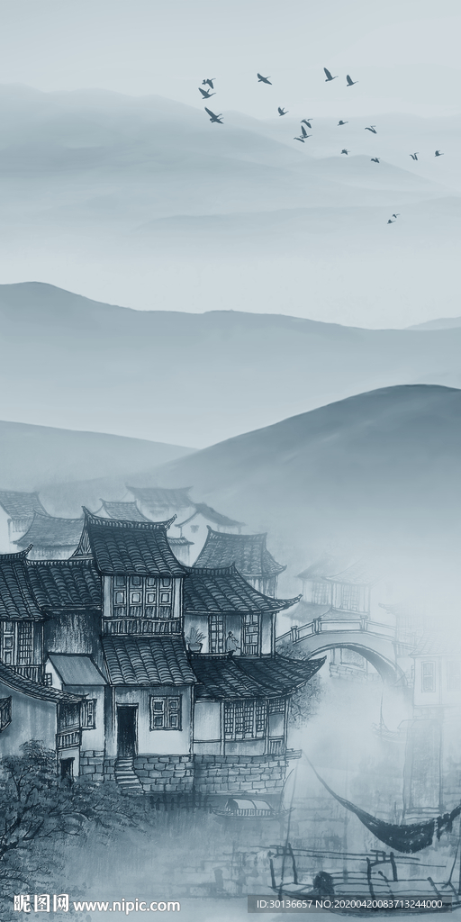 蓝色装饰玄关画 TIF分层