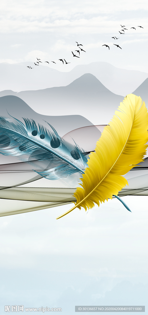 彩色羽毛玄关画 TIF分层