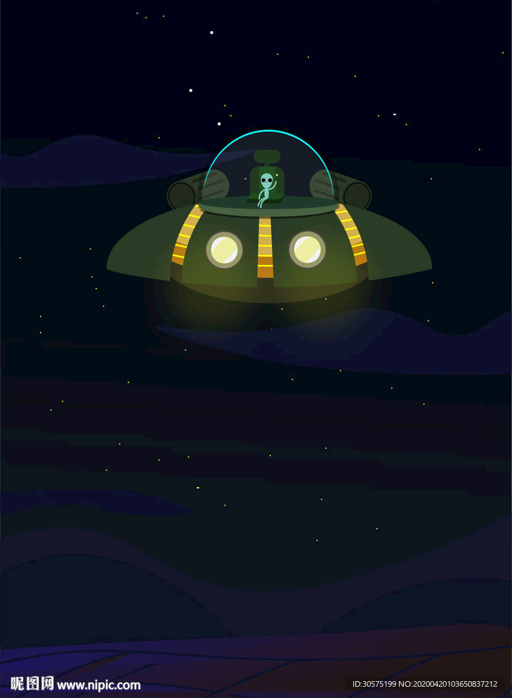 你好外星人夜空UFO矢量卡通