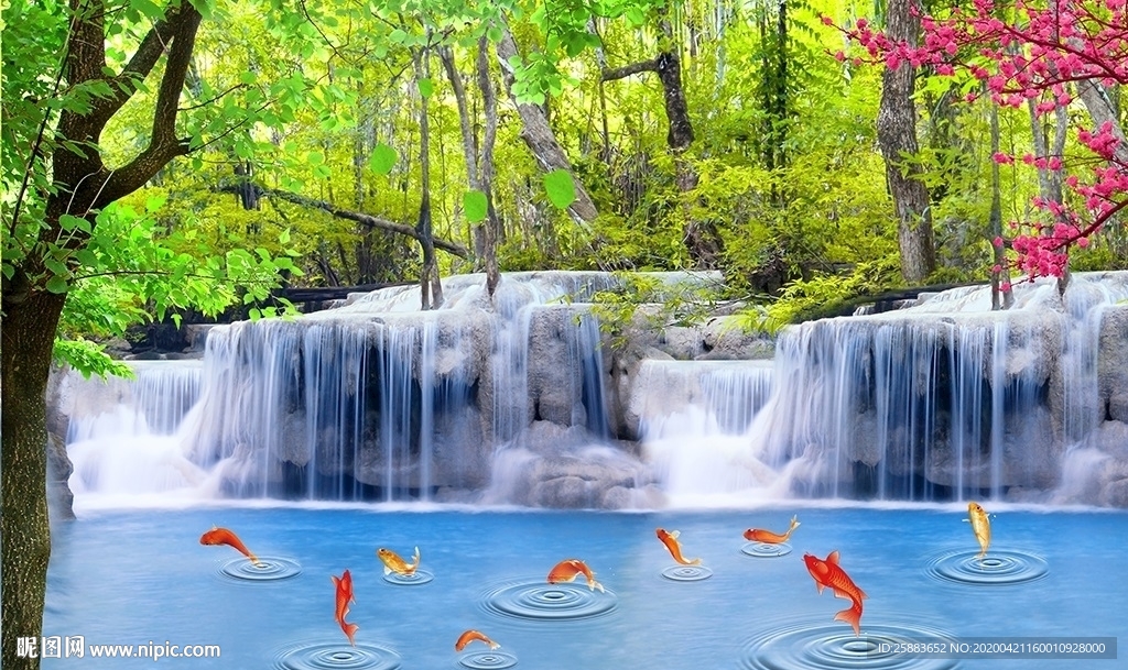清新森林瀑布金鱼电视背景墙
