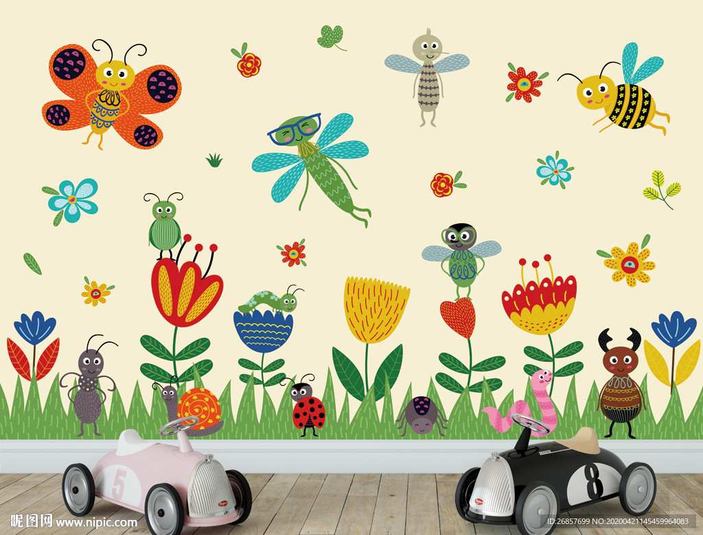 昆虫花丛儿童背景墙