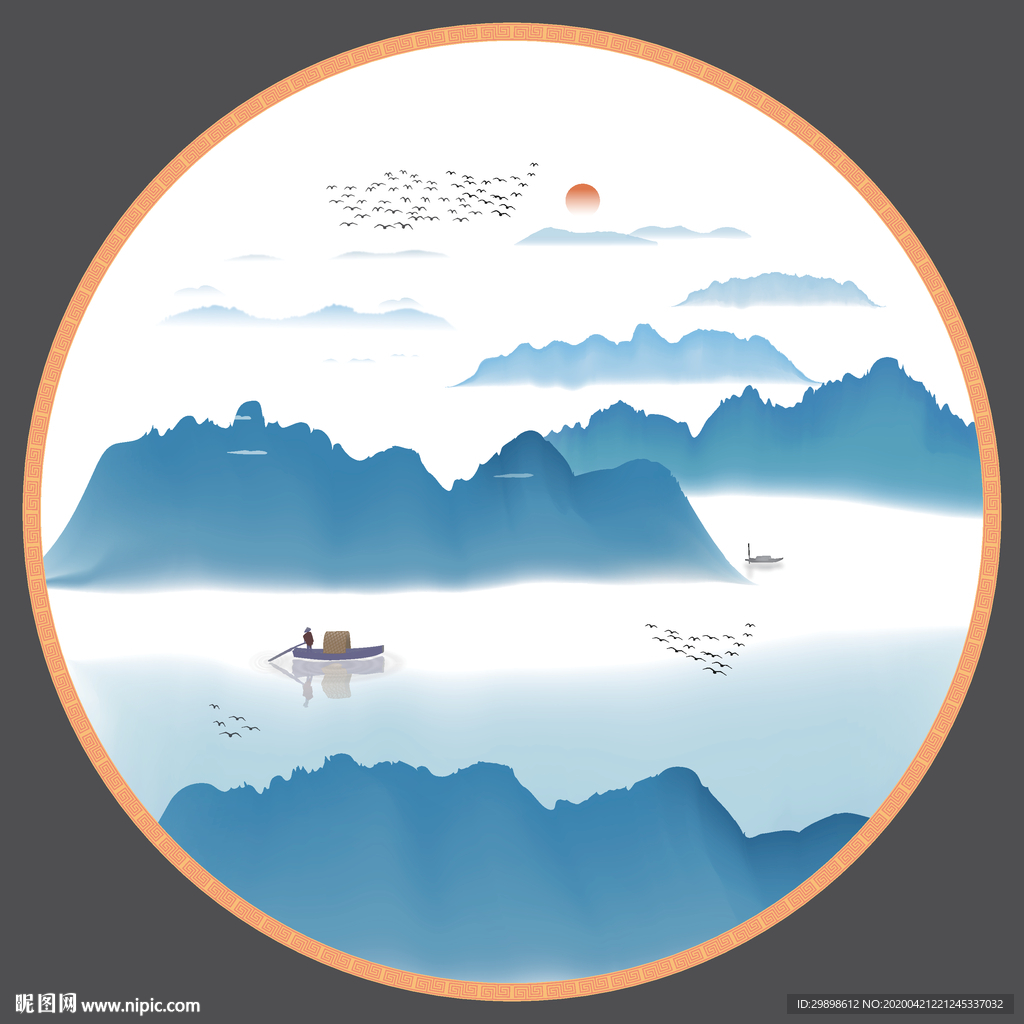 圆形小品意境山水新中式水墨装饰