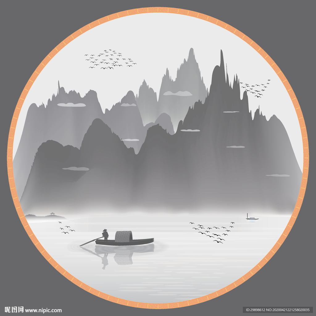 山峰新中式水墨圆形装饰矢量分层