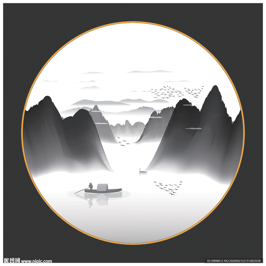 圆形意境山水新中式水墨装饰矢量