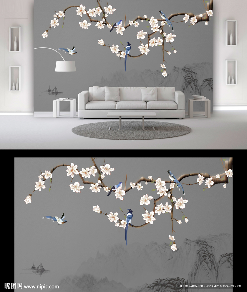 中式花鸟电视背景墙