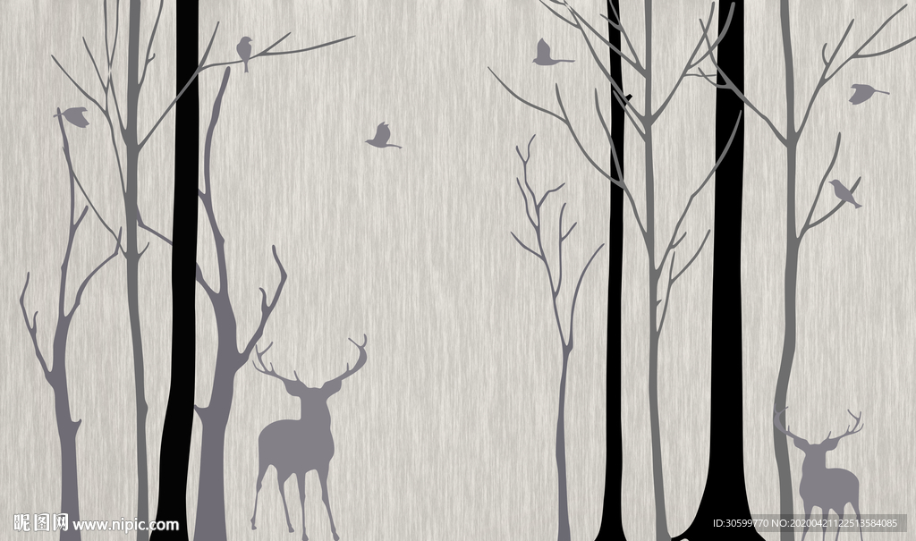 简约抽象树木小鹿背景墙