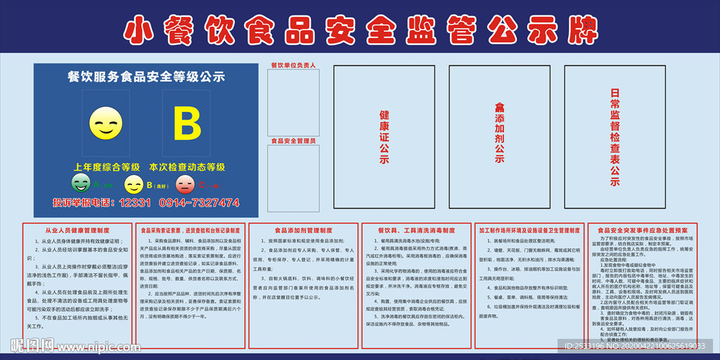 小餐饮食品安全监管公示牌