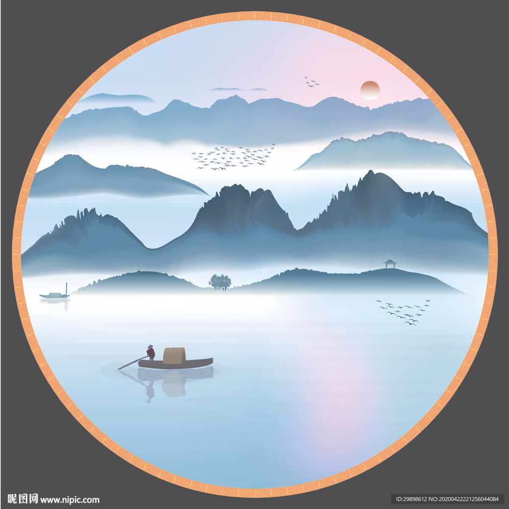 意境山水小品新中式水墨装饰矢量