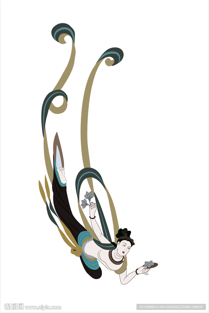 敦煌壁画手拿鲜花的飞天矢量图