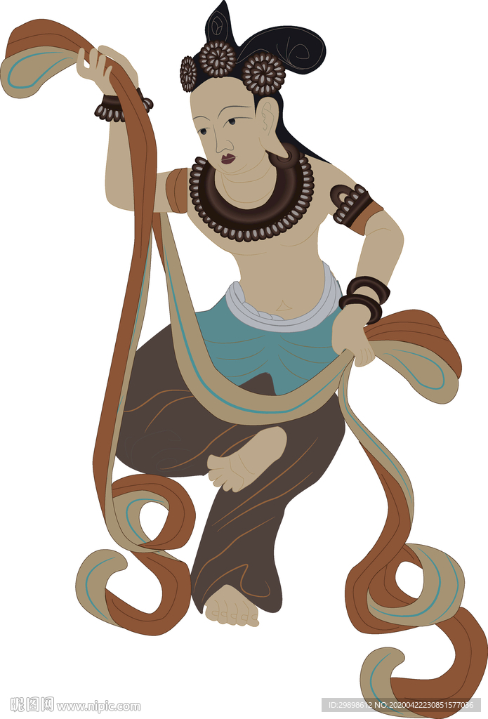 敦煌壁画手拿绸带的舞伎矢量图