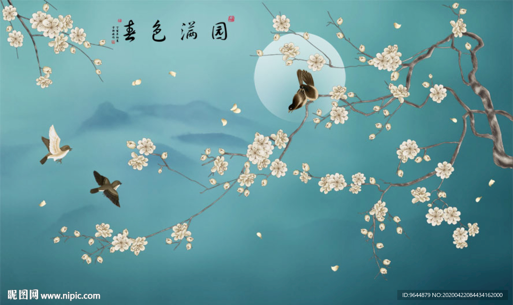 新中式手绘工笔梅花禅意花鸟壁画