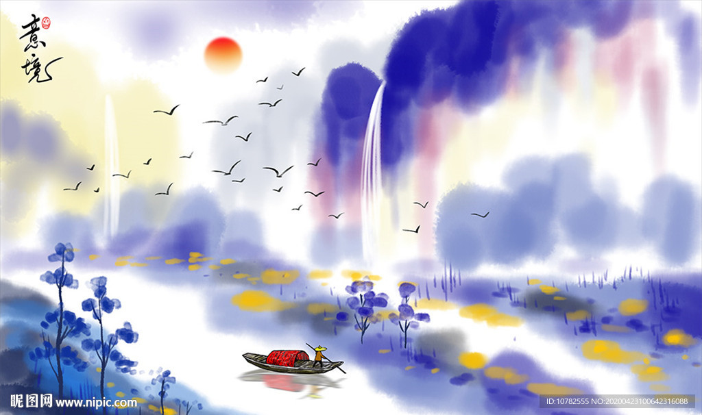 新中式意境抽象水墨山水画背景墙