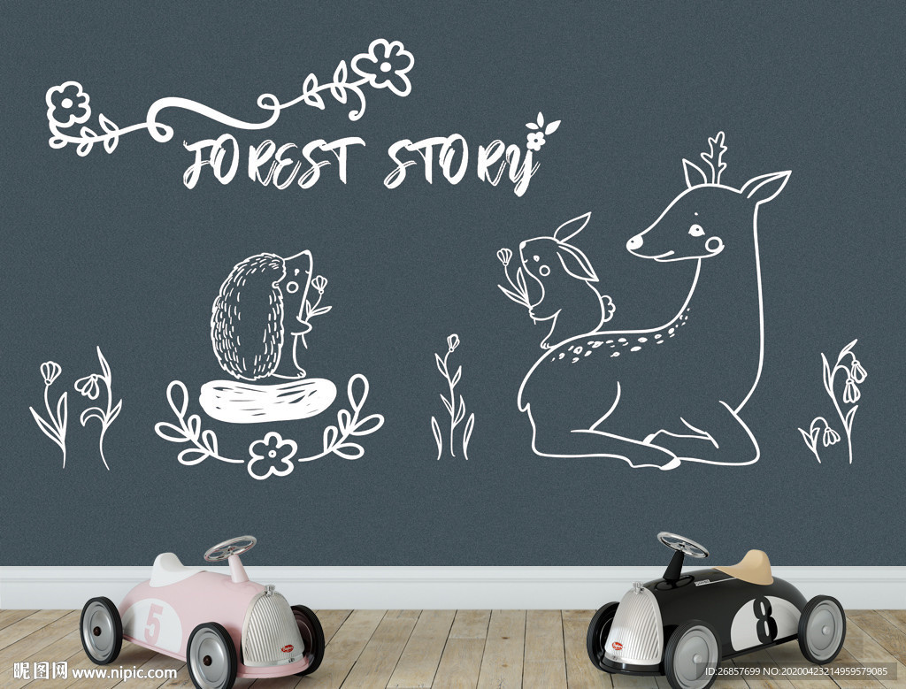 卡通动物粉笔画 儿童背景墙