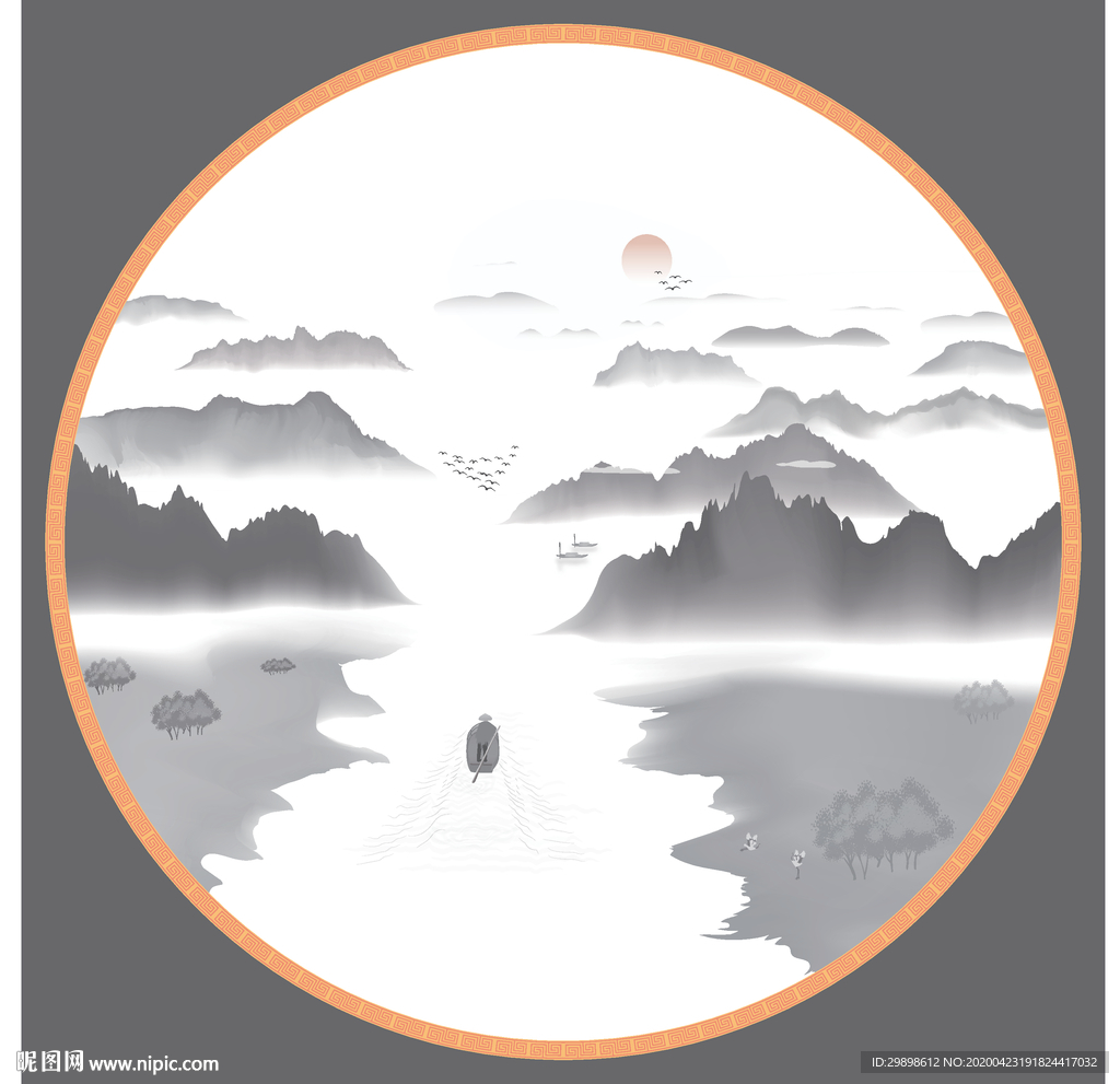 圆形国风意境山水水墨装饰背景图