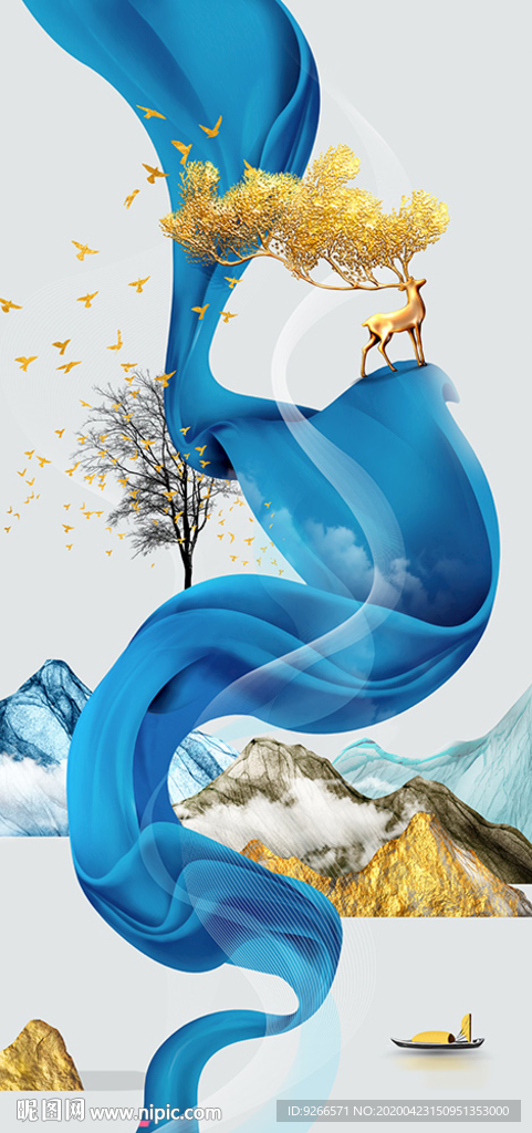 中式石来运转麋鹿玄关晶瓷装饰画