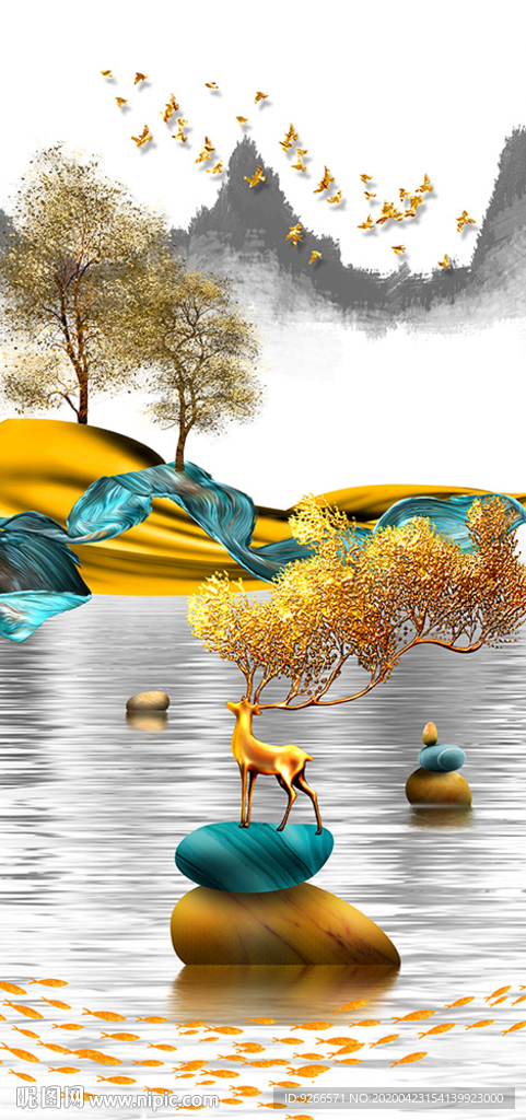 中式石来运转麋鹿玄关晶瓷装饰画