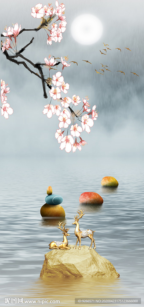 中式石来运转麋鹿玄关晶瓷装饰画