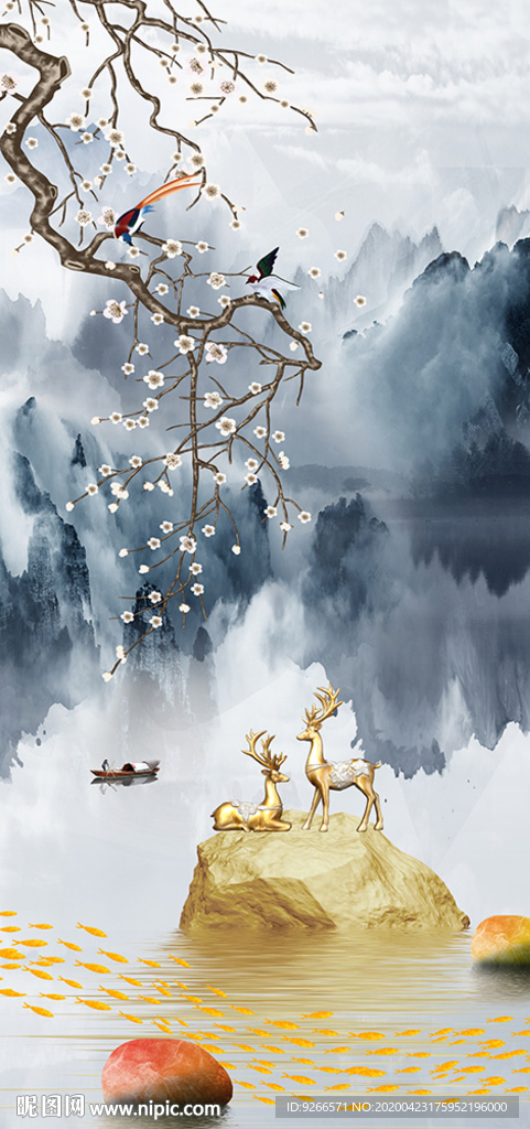 中式石来运转麋鹿玄关晶瓷装饰画