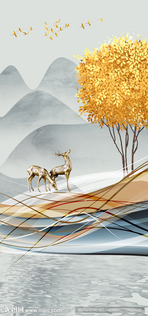 水墨山水发财树玄关背景墙