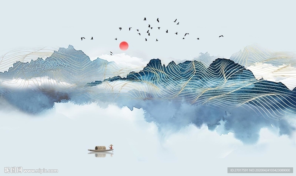 新中式简约山水花鸟背景墙壁画