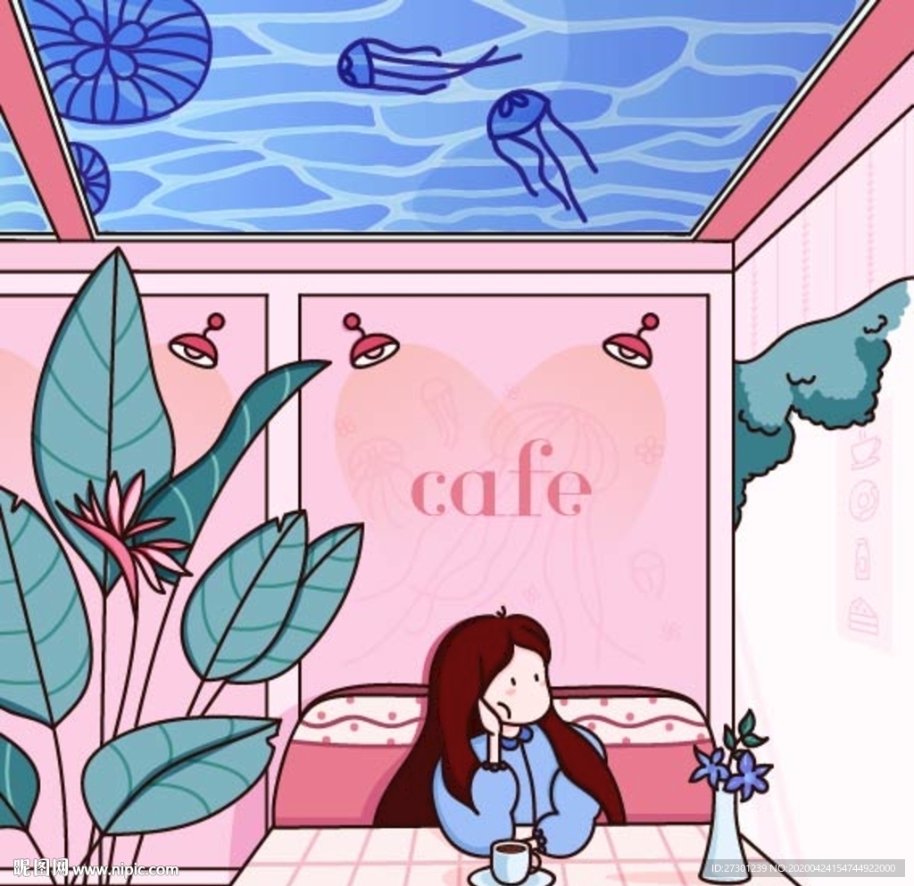 咖啡店的女孩 插画