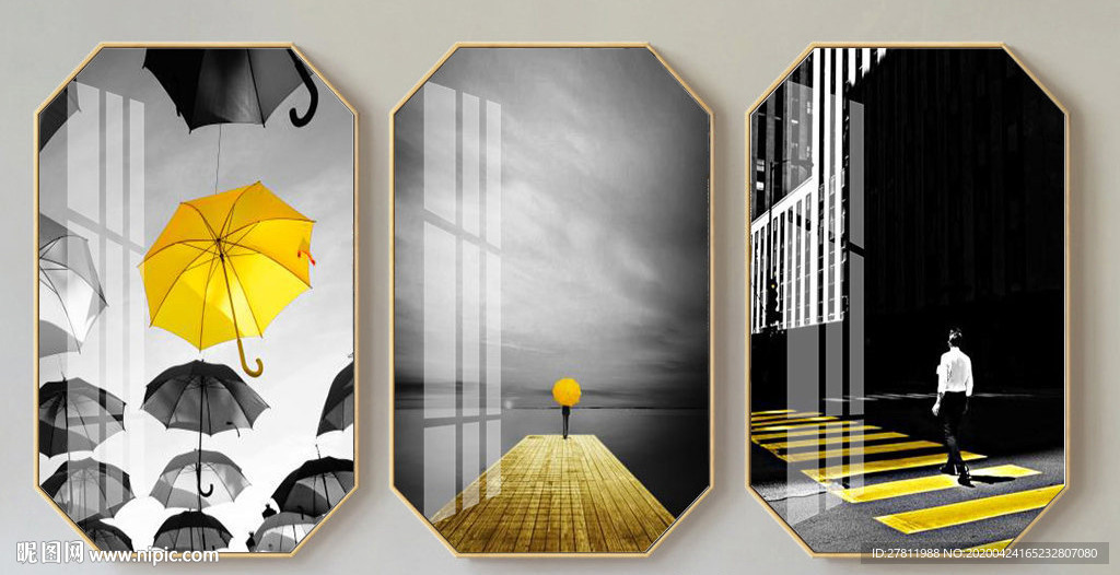 现代黑白雨伞马路装饰画