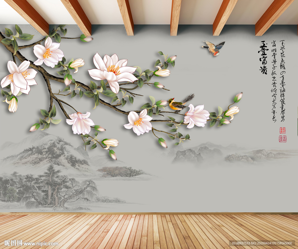 原创手绘玉兰花鸟装饰画背景墙