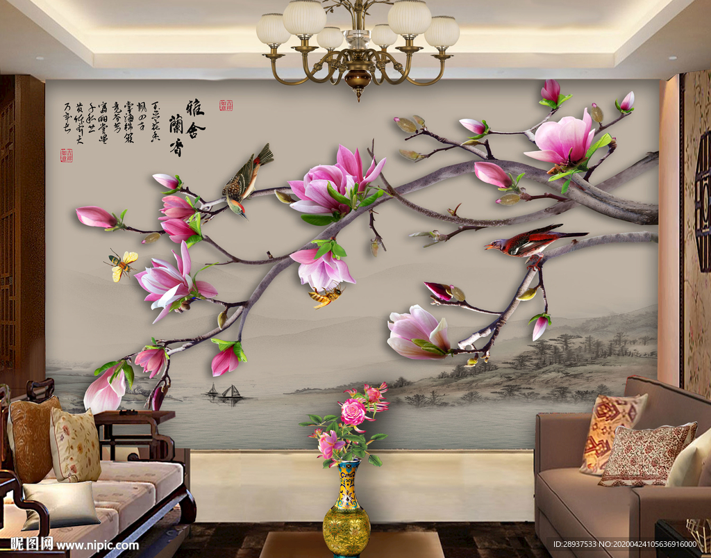 原创高清玉兰花鸟装饰画背景墙