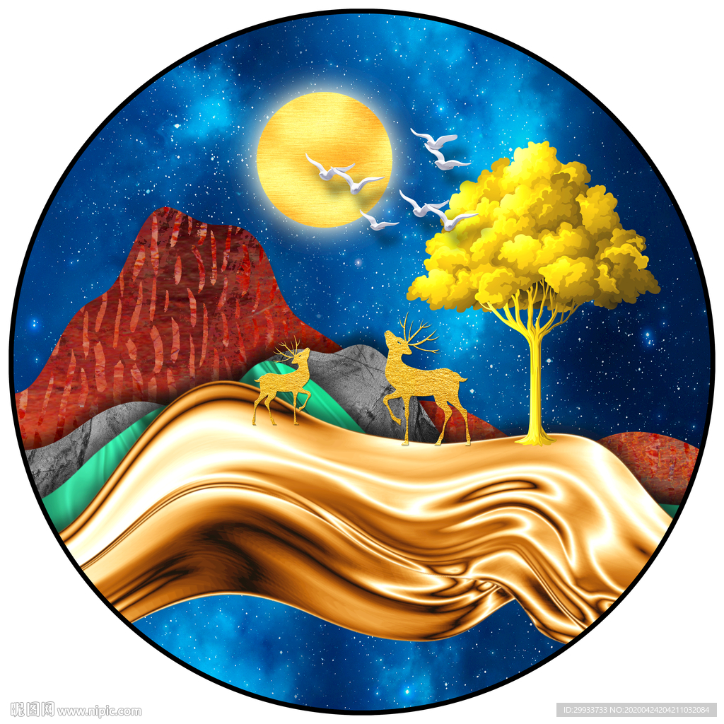 轻奢麋鹿发财树装饰画