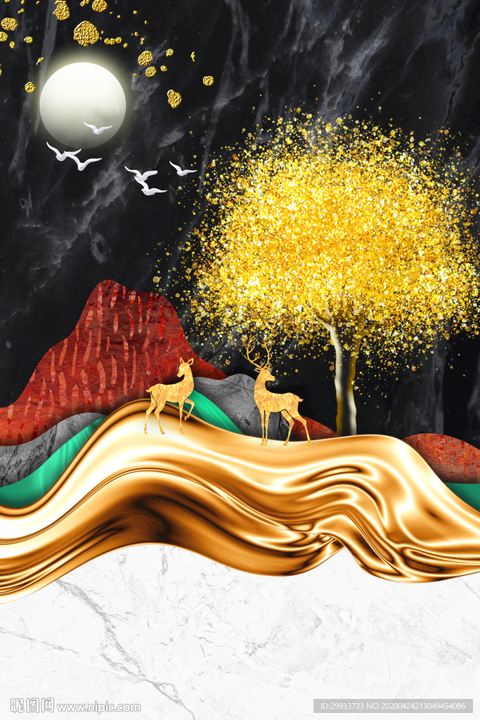 轻奢麋鹿山水发财树装饰画