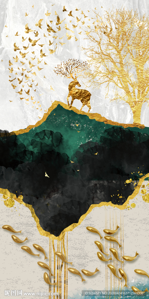 新中式现代麋鹿玄关晶瓷装饰画