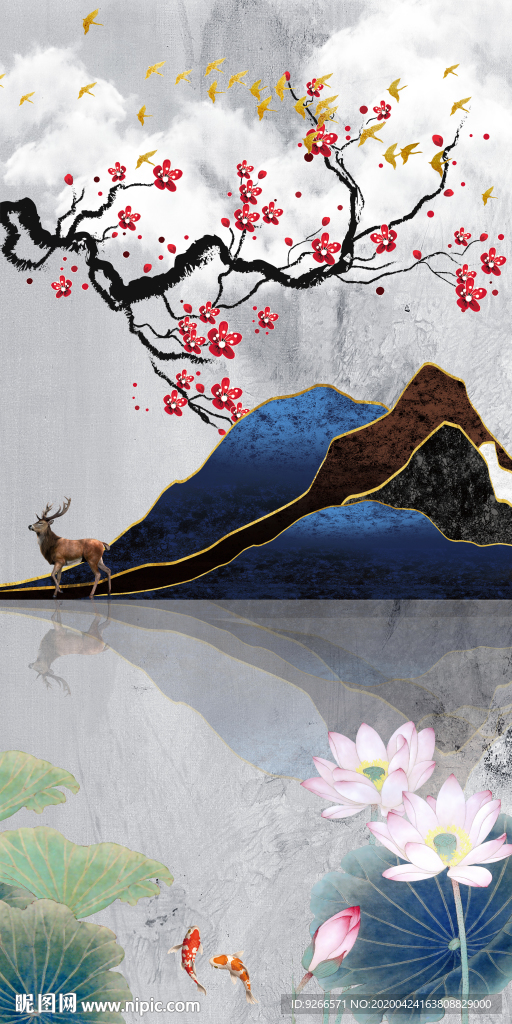 新中式现代麋鹿玄关晶瓷装饰画