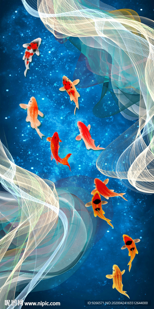 新中式现代九鱼图玄关晶瓷装饰画