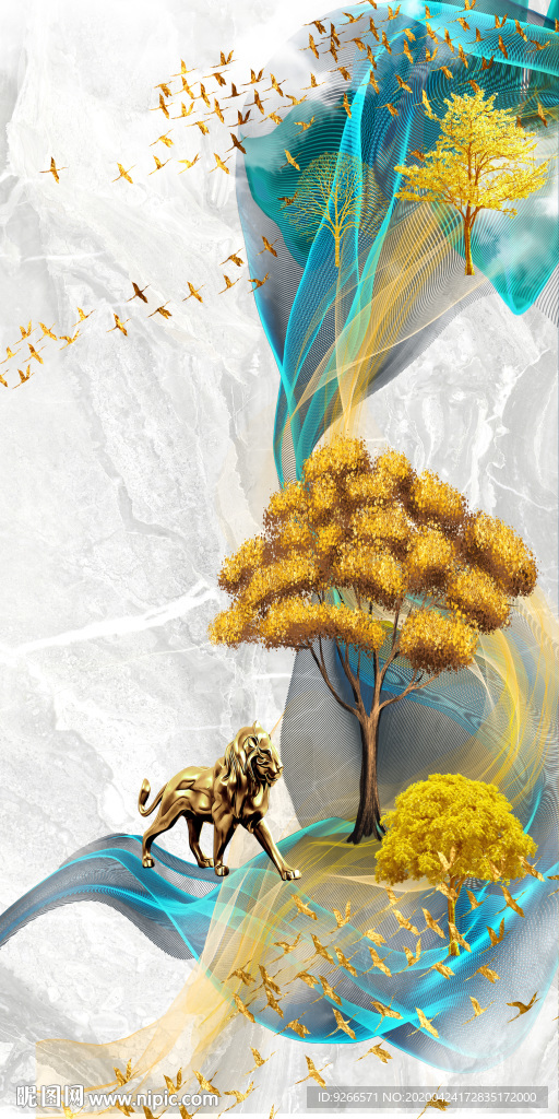 新中式麋鹿抽象线条晶瓷装饰画