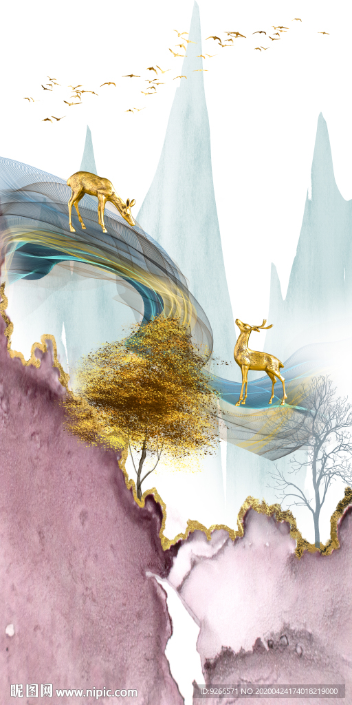 新中式麋鹿抽象线条晶瓷装饰画