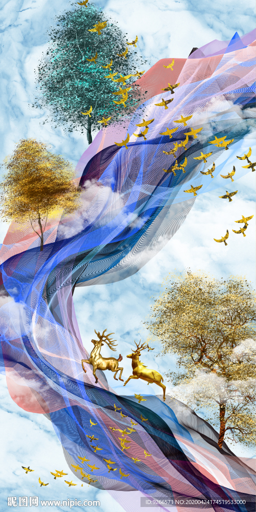 新中式麋鹿抽象线条晶瓷装饰画